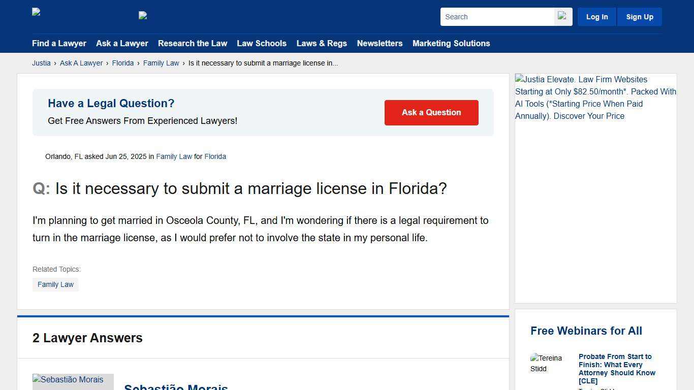 Is it necessary to submit a marriage license in Florida? - Florida Family Law Questions & Answers - Justia Ask A Lawyer