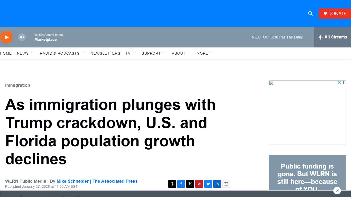 As immigration plunges with Trump crackdown, U.S. and Florida population growth declines WLRN